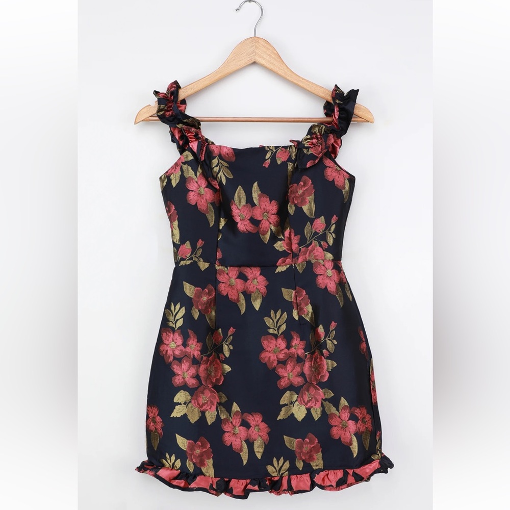 Pop the Bottle Navy Blue Floral Jacquard Ruffled Mini Dress